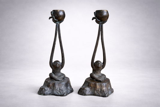 Vintage Patinated Bronze Monkey Cast Candlesticks, circa 1950-1970