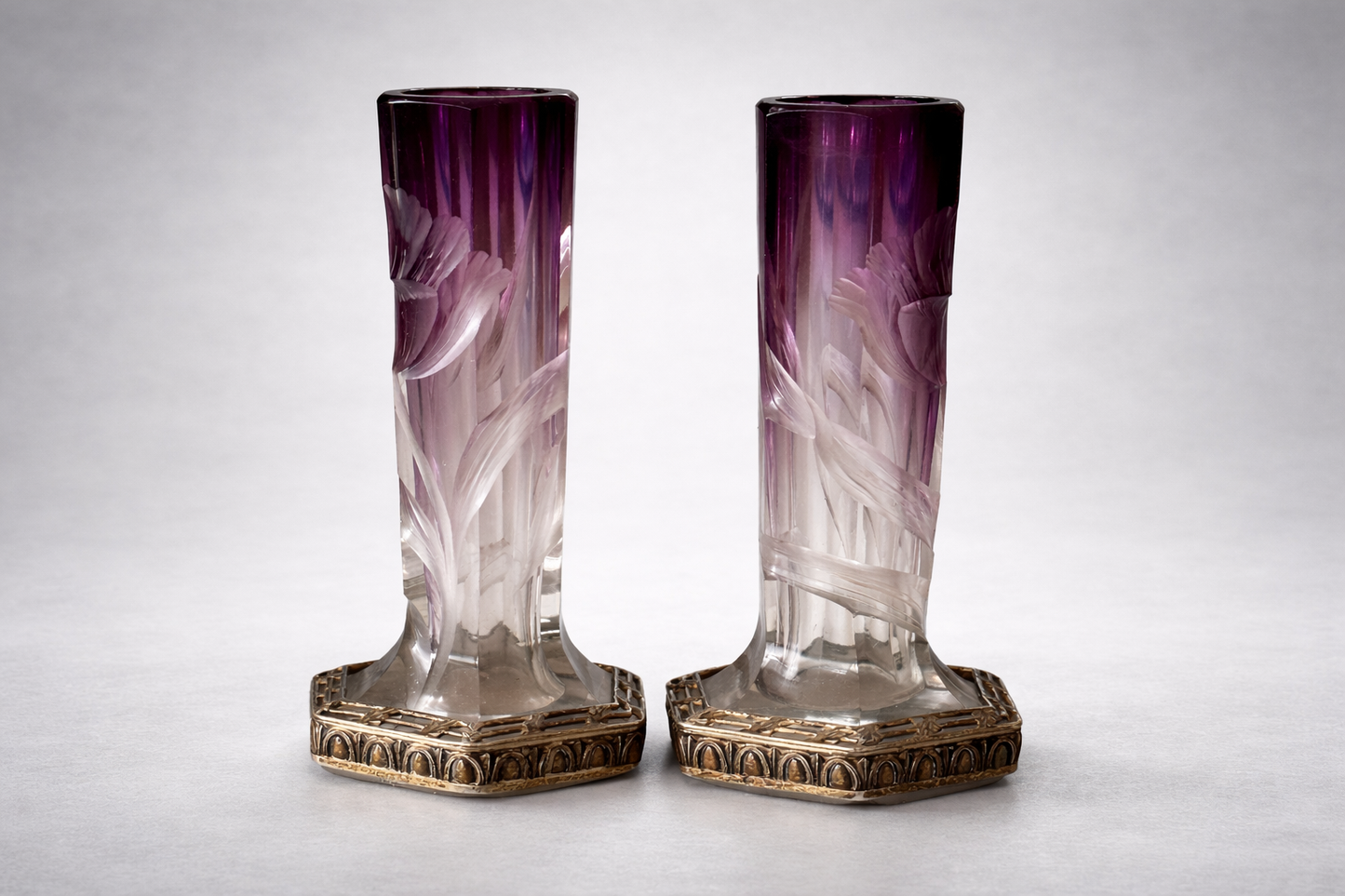 Pair of Vintage Art Nouveau Crystal Cut Vases by Moser