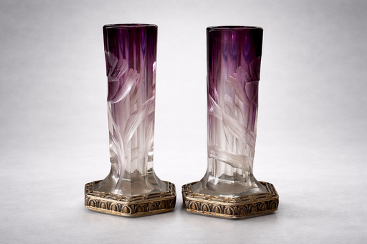 Pair of Vintage Art Nouveau Crystal Cut Vases by Moser