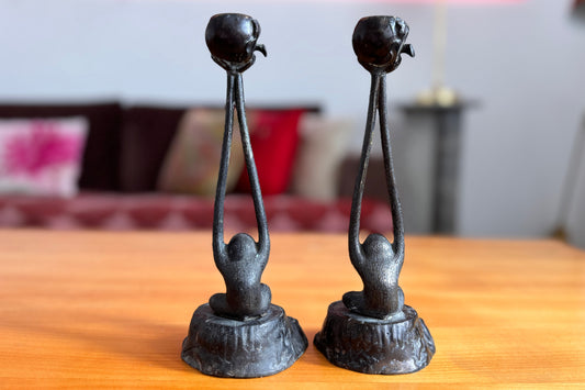 Vintage Patinated Bronze Monkey Cast Candlesticks, circa 1950-1970