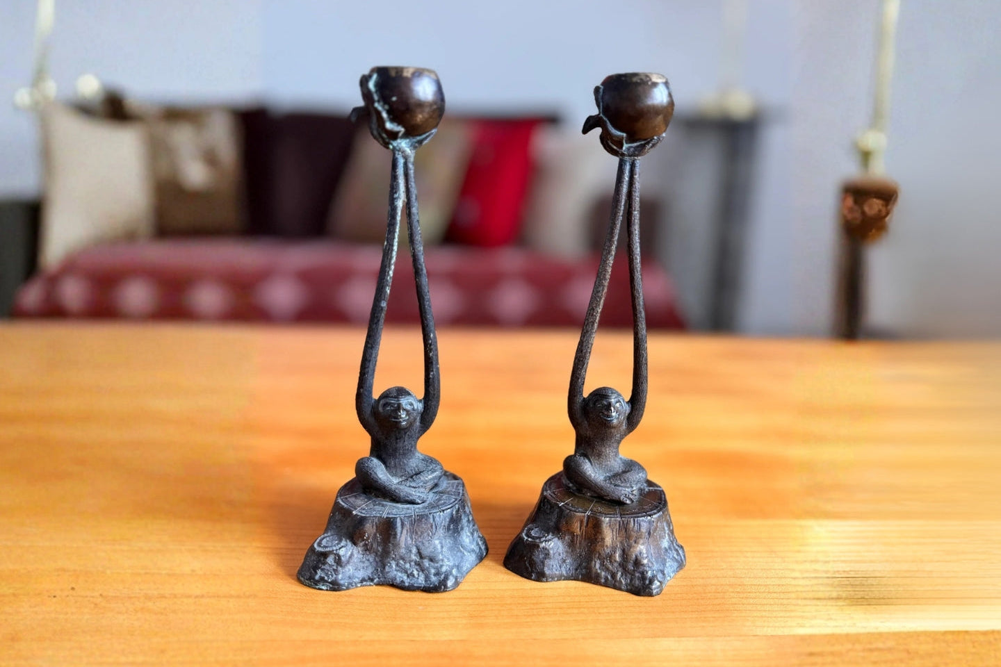 Vintage Patinated Bronze Monkey Cast Candlesticks, circa 1950-1970