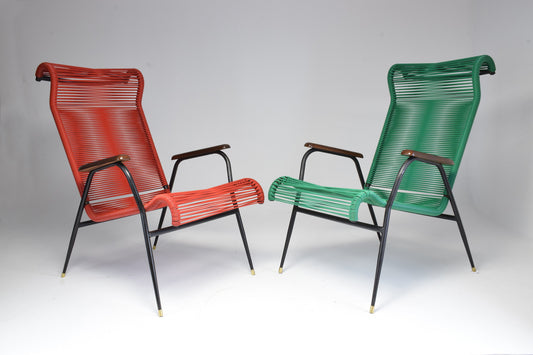 1950's Vintage French Red and Green Scoubidou Lounge Chairs, Set of Two - Spirit Gallery 